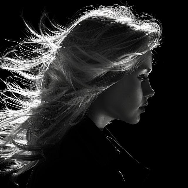Imagen ilustrativa: perfil de mujer con melena rubia en movimiento, en blanco y negro