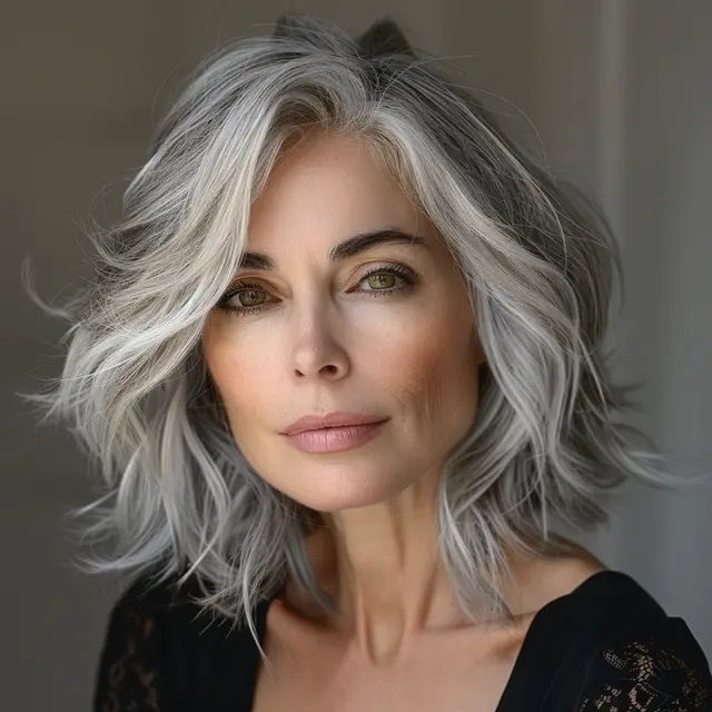 Imagen ilustrativa: melena media gris plata con capas suaves